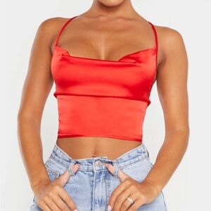 Pretty Little Thing Red Satin Strappy Back Cowl Neck Cami